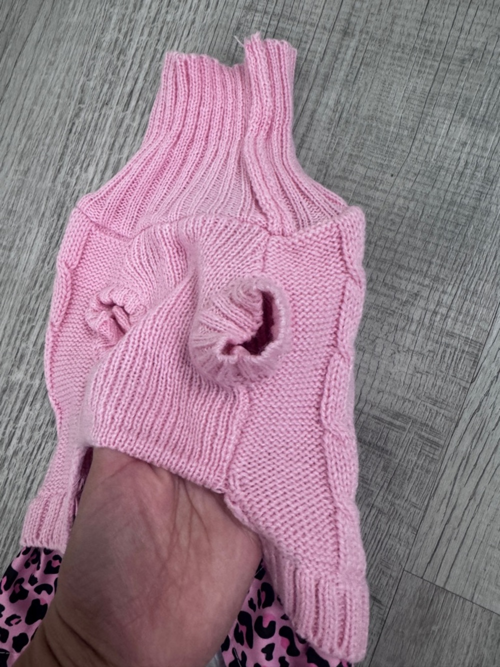 Pink Cable Knit Dog Sweater Dress with Leopard Print Ruffle & Bow Pet Clothes. - Picture 4 of 7